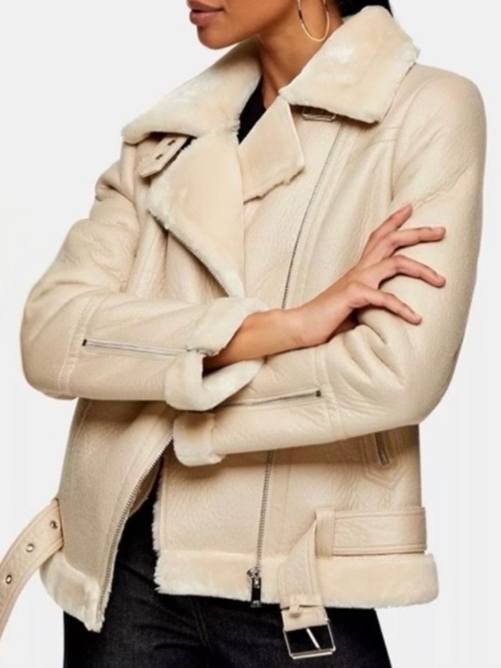 TOPSHOP Borg Aviator Oversized Jacket in Cream